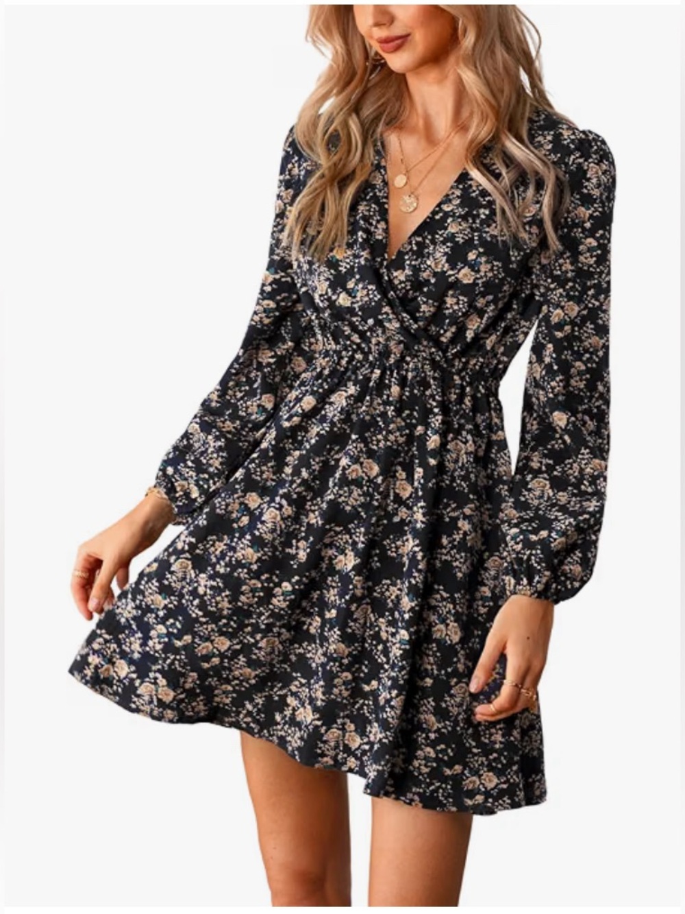 Cupshe: Floral V-Neck Long Sleeve Dress - Black Floral